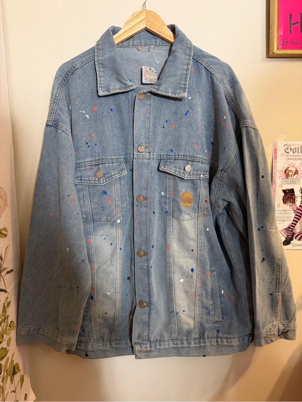 Paint-Splatter Vintage Denim Jacket - Blue with Multicolor Splatters